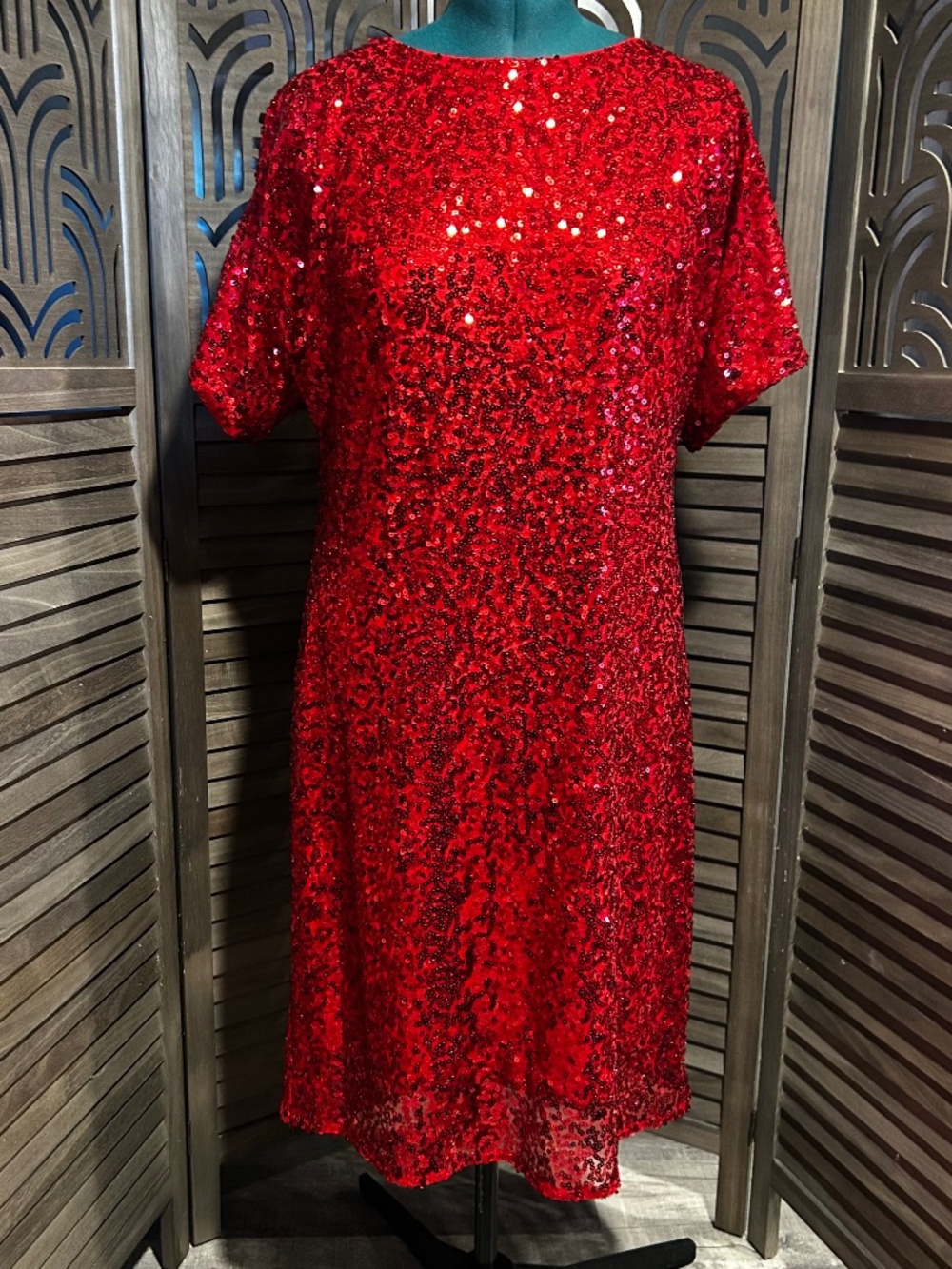 Reba Red Sequin Shift Dress Size 16 Holiday Party Cocktail Evening